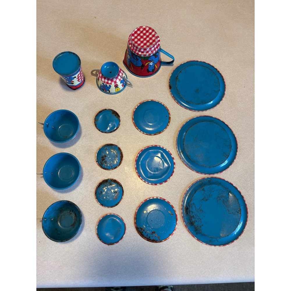Vintage‎ Tin Litho Toy Tea Set Blue Polka Dot Dog Red Gingham Mid Century 15pc - Picture 2 of 3